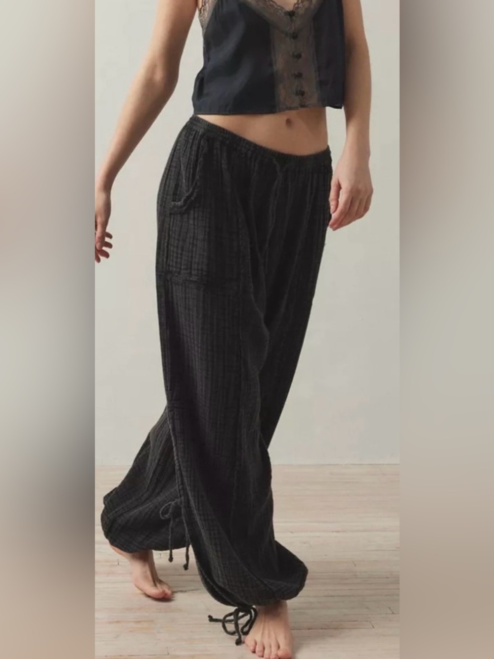 Out From Under 100% Cotton Wide Leg Cinched Gauze Pants Black Size Small